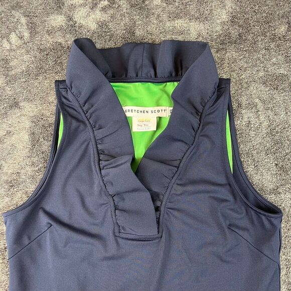 Gretchen Scott Ruffle Neck Blouse Navy Blue Sleeveless Coastal Women's XS - Picture 2 of 9